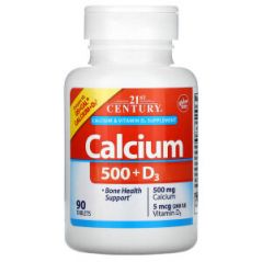 Кальций 500 и витамин D3, 5 мкг 200 МЕ, 90 таблеток, 21st Century
