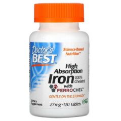 Легкоусвояемое железо с Ferrochel, Doctor's Best, 27 мг, 120 таблеток