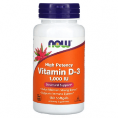 Витамин D3, высокоактивный, 1000 МЕ, 180 мягких таблеток, NOW Foods