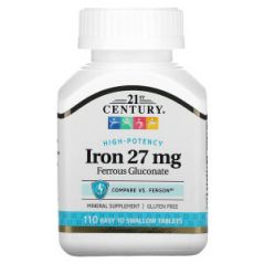 Высокоэффективное железо, 27 мг, 110 таблеток, 21st Century