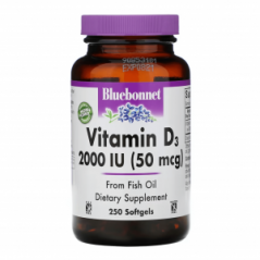 Витамин D3 Bluebonnet Nutrition, 50 мкг (2000 МЕ), 250 капсул