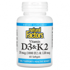 Витамины D3 и K2, 60 мягких таблеток, Natural Factors