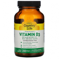 Высокоэффективный витамин D3, Country Life, 250 мкг (10 000 МЕ), 200 мягких таблеток